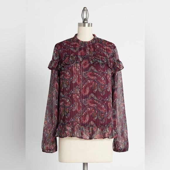 ModCloth Blouse - Burgundy Paisley Size Large Ruffled & Chic - Picture 1 of 4